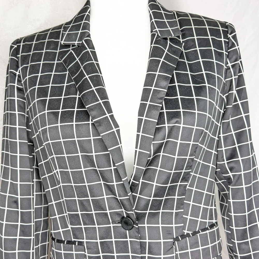 ☀️Forever 21 plaid blazer jacket Small black White checks geometric - Picture 2 of 16